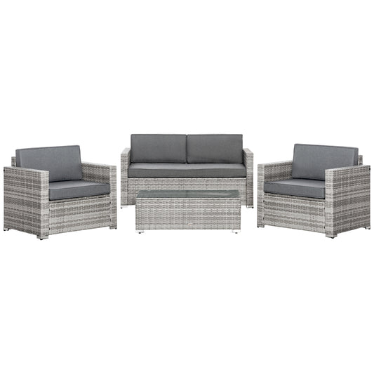 Outsunny 4 Pieces Patio Wicker Sofa Set, Outdoor PE Rattan Extra Wide Seat Conversation Furniture w/ Tempered Glass Table-top & Thick Padded Cushion for Garden, Backyard, Lawn, Mixed Grey