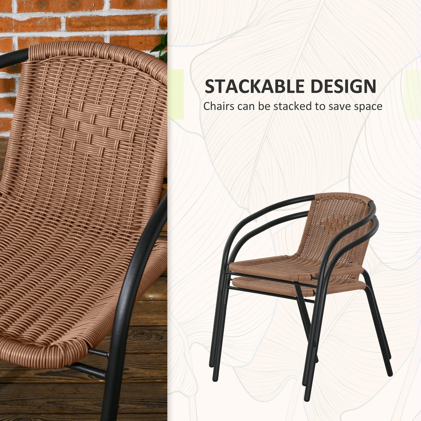 Outsunny 3 Pieces Outdoor Wicker Furniture Set with 2 Stackable Chairs, Tempered Glass Coffee Table for Garden, Backyard, Black