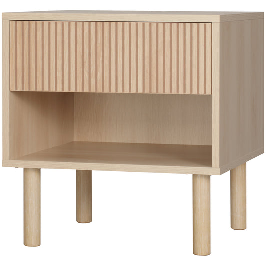 HOMCOM Modern Bedside Table with Drawer and Open Shelf, Sofa Side Table for Bedroom Living Room, Natural