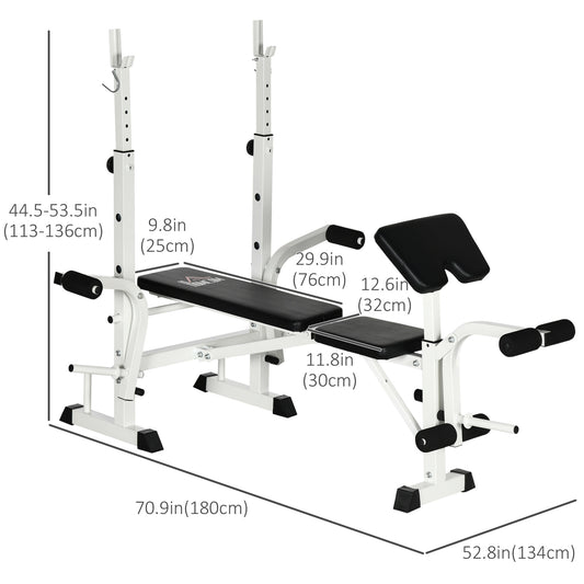 Soozier Bench Press Set Adjustable Weight Bench with Squat Rack, Preacher Curl Pad, Leg Developer and Weight Storage, White
