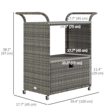 Outsunny Patio PE Wicker Garden Serving Cart with 2-Tier Shelf, Outdoor Wheeled Rattan Food Cart with Drawer, Handles, for Poolside, Garden, Mixed Grey