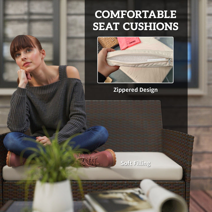 Outsunny 4 Pieces Wicker Outdoor Balcony Furniture Set Rattan Patio Furniture Set with Loveseat Chairs Glass Coffee Table Beige