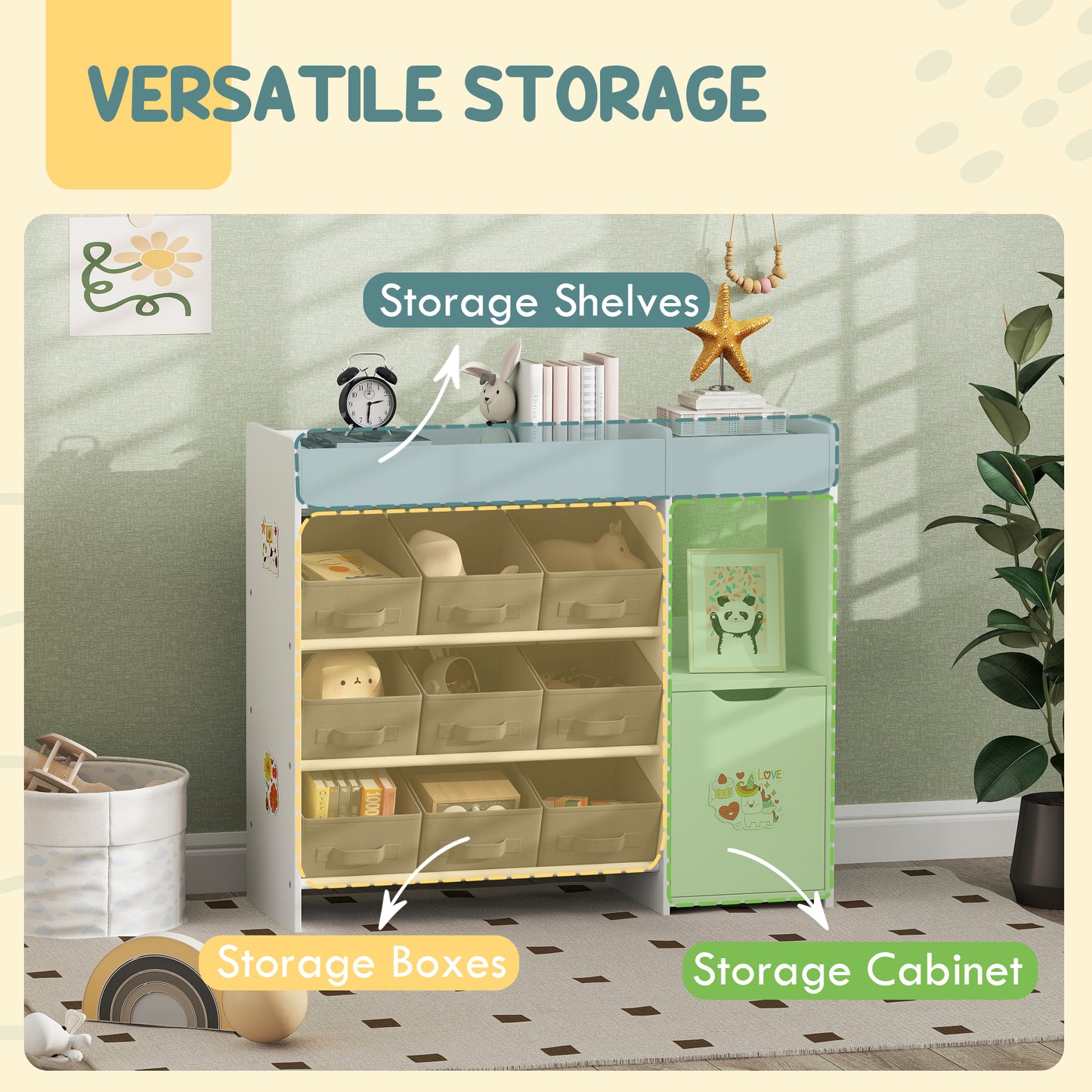 Qaba Toy Storage Organizer with 9 Non-Woven Fabric Boxes, Storage Cabinet & Shelves, for Kids Room, Nursery, Playroom, White