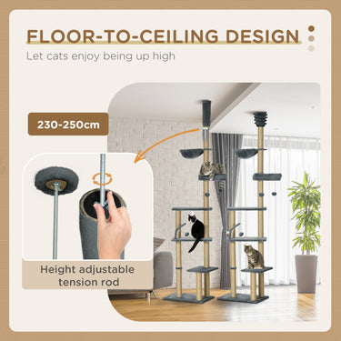 PawHut Floor to Ceiling Cat Tree, 90.5" - 98.5" Cat Tower with Scratching Post, Dangling Balls, Platforms, Bed, Hammock, Grey