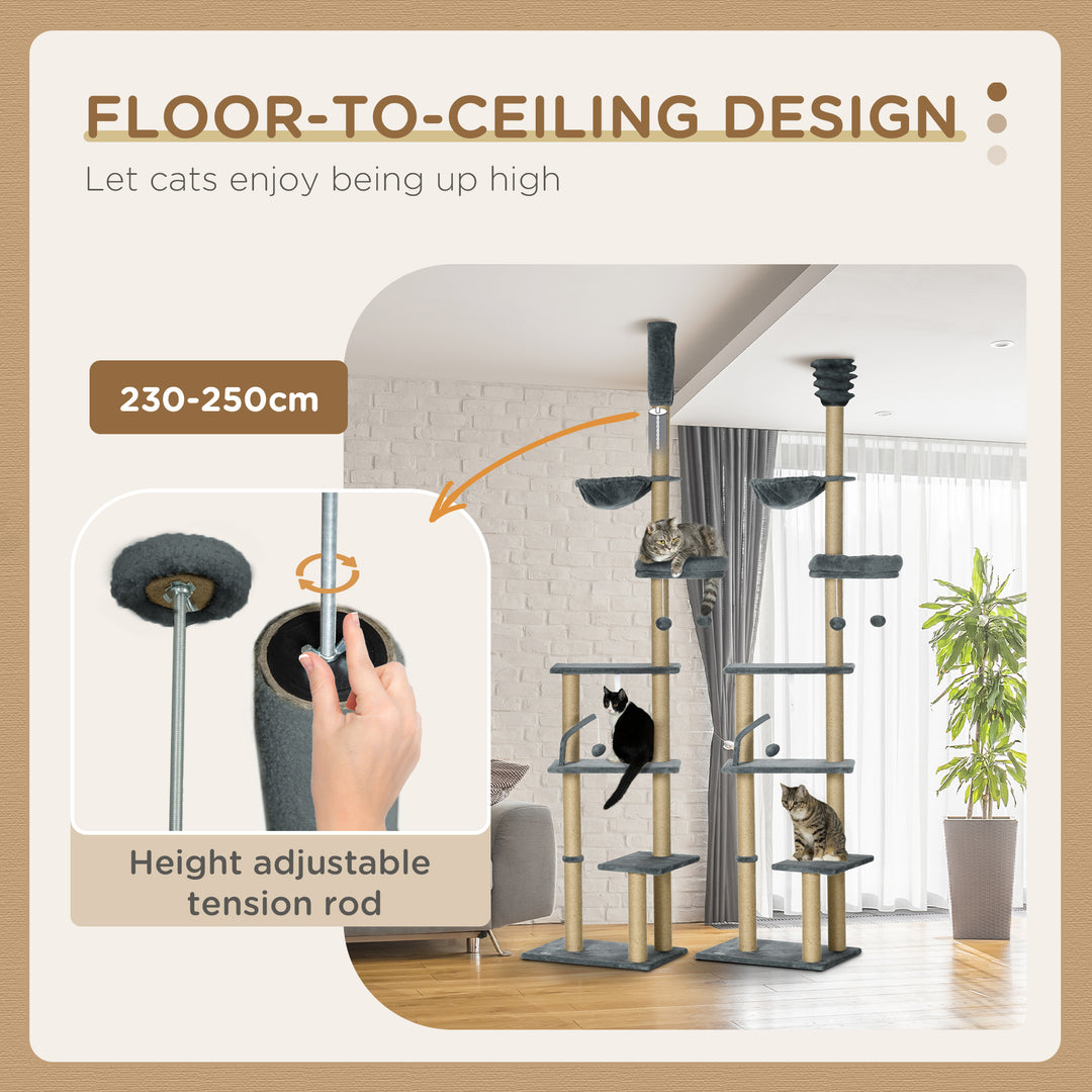 PawHut Floor to Ceiling Cat Tree, 90.5" - 98.5" Cat Tower with Scratching Post, Dangling Balls, Platforms, Bed, Hammock, Grey