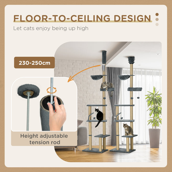 PawHut Floor to Ceiling Cat Tree, 90.5" - 98.5" Cat Tower with Scratching Post, Dangling Balls, Platforms, Bed, Hammock, Grey