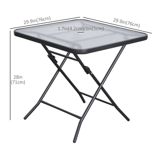 Outsunny 30" Square Outdoor Dining Table, Foldable Patio Table with Umbrella Hole, Water-Grain Glass Top Coffee Table for Balcony, Poolside, Black