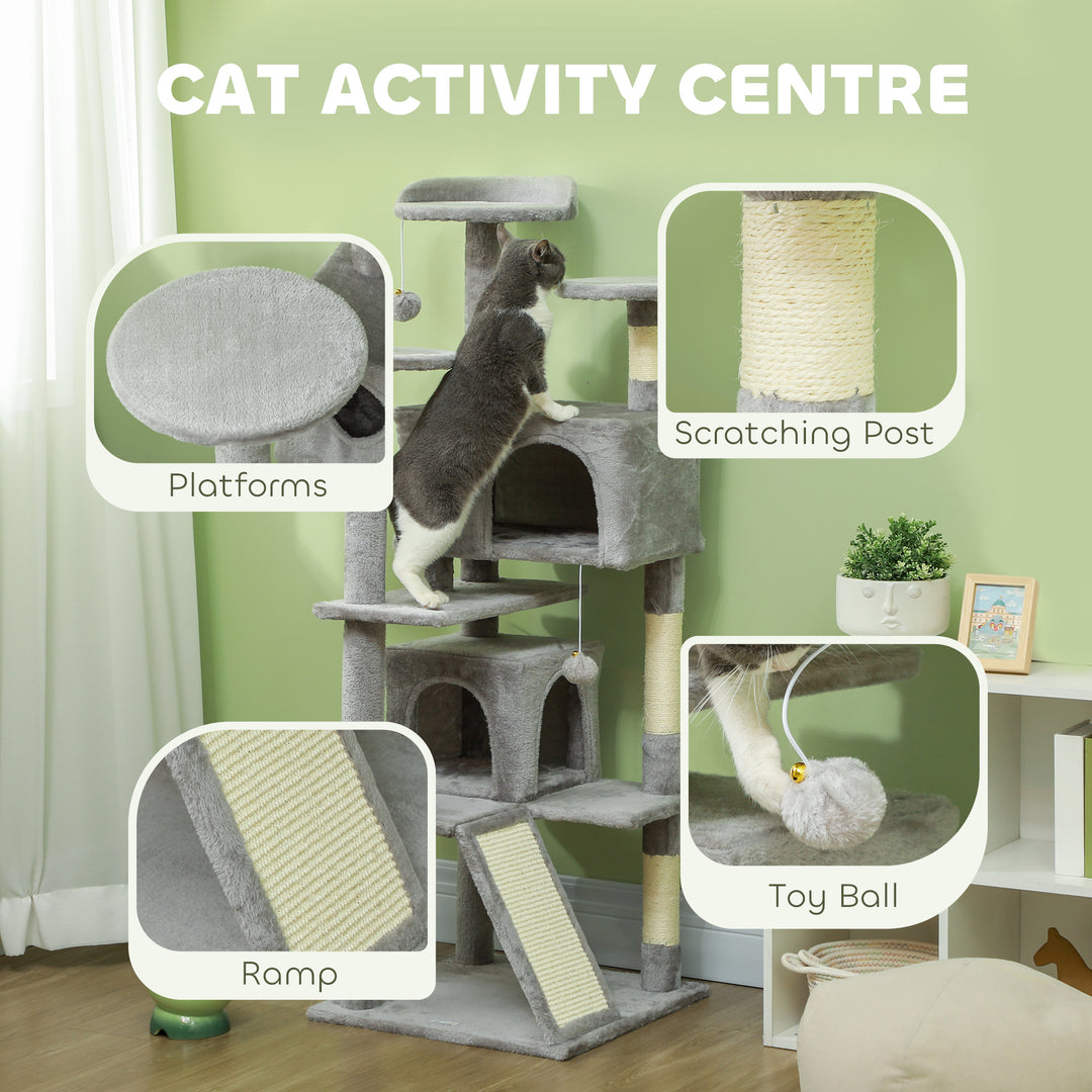 PawHut 54" Cat Tree, Multi-Level Cat Tower with Scratching Posts, Cat Condos, Bed, Platforms, Ramp, Toy Ball, Dark Blue
