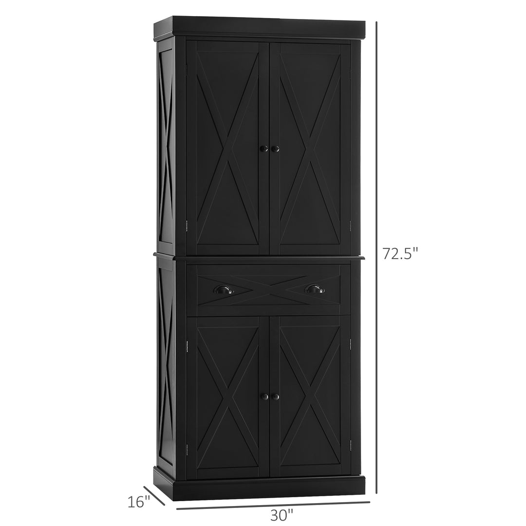 HOMCOM 72.5" Kitchen Pantry Cabinet, Freestanding Storage Cabinet with 4 Doors, Drawer and Adjustable Shelves, Black