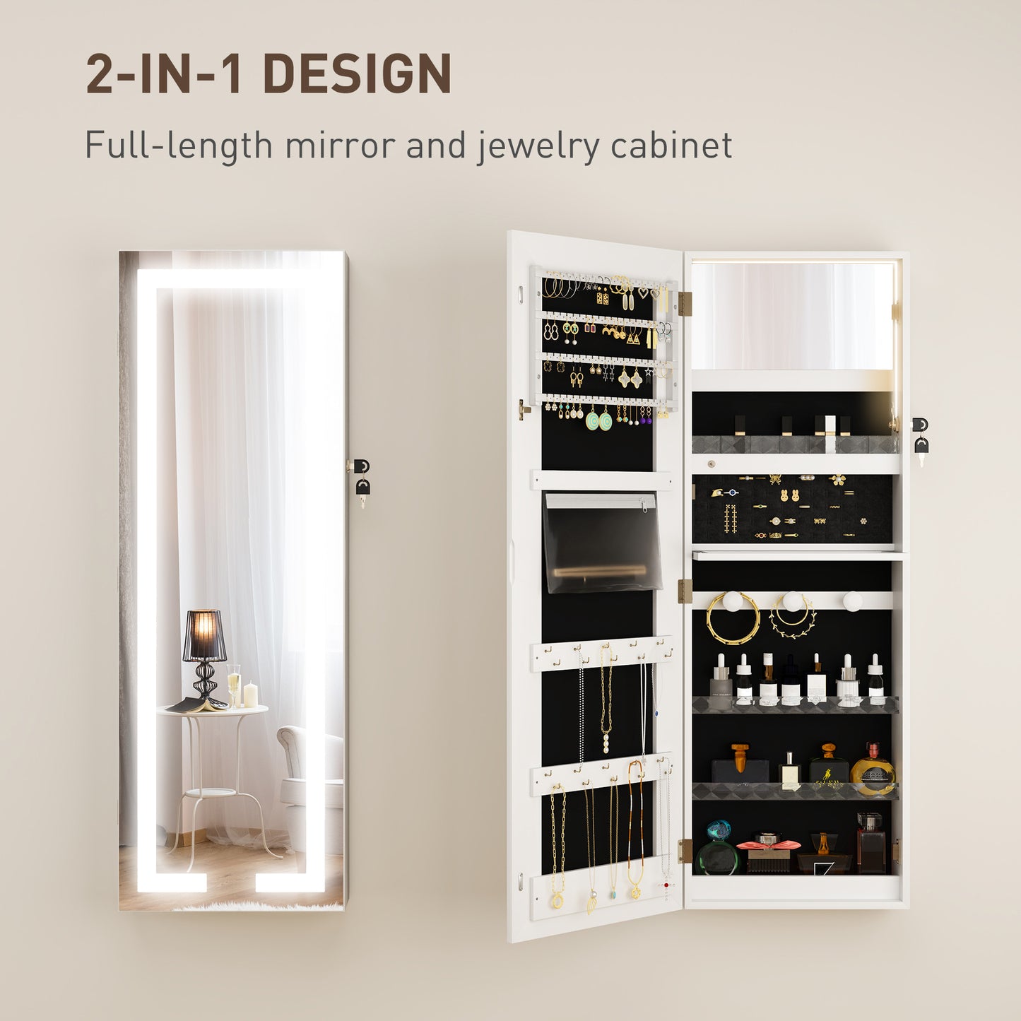 HOMCOM LED Lighted Jewelry Armoire with Mirror Jewelry Cabinet with Storage Lockable Door/Wall Mounted Jewelry Organizer, White