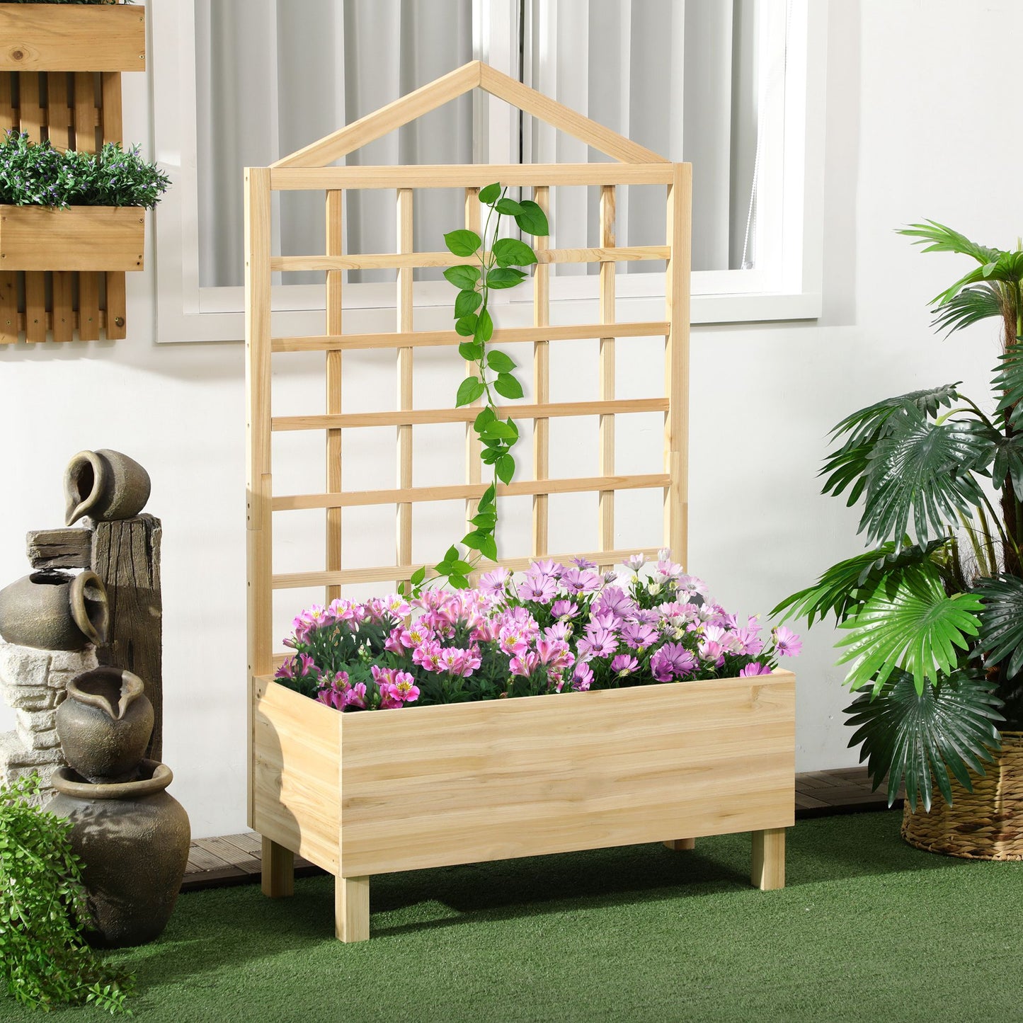 Outsunny Distressed Wood Planter Box with Trellis, Raised Garden Bed for Outdoor Plants Flowers Herbs, Natural