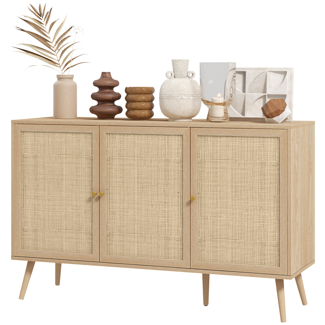 HOMCOM Kitchen Sideboard Cabinet, Boho Storage Cabinet with Shelves, Wood Legs, Decorative Rattan Doors, Natural
