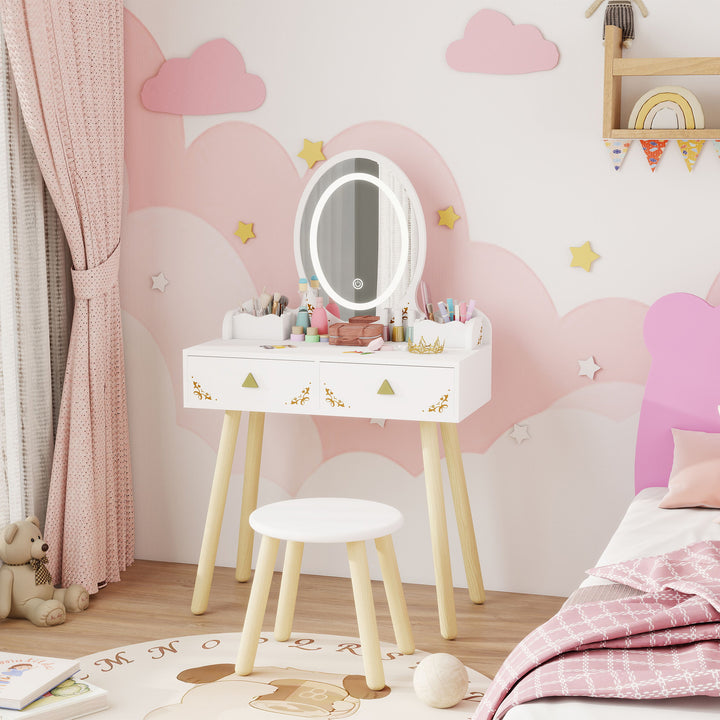 Qaba Kids Vanity Set with Mirror, Stool, 3-Colour LED Lights, Girls Dressing Table Pretend Play for Kids Room, Pink