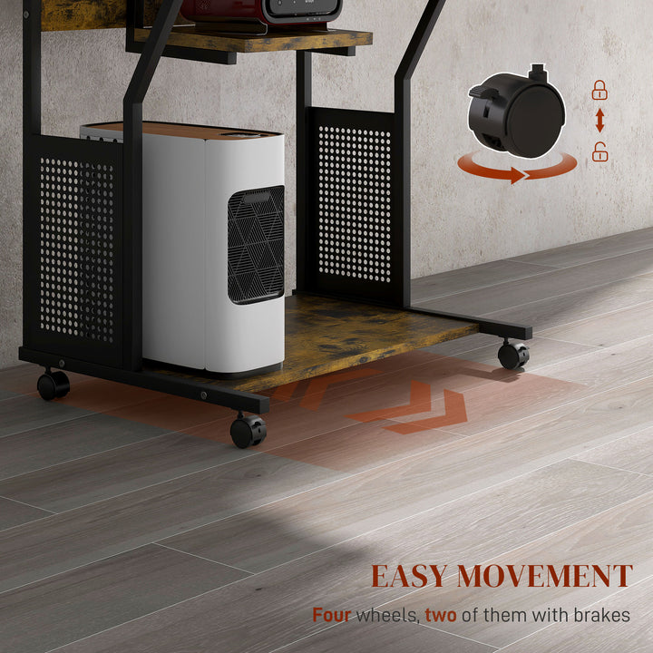 HOMCOM 32" Mobile Computer Table, Rolling Study Desk for Home Office with Keyboard Tray, Storage Shelves, Wheels, Rustic Brown