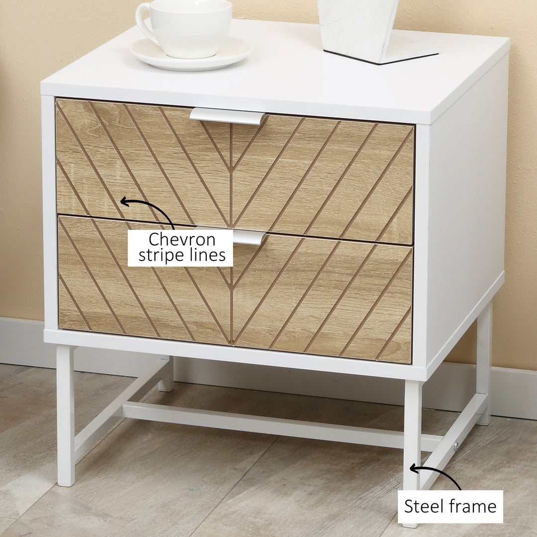 HOMCOM Modern Bedside Table with 2 Drawers and Steel Frame, Sofa Side Table for Bedroom Living Room, White and Oak