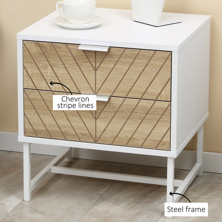 HOMCOM Modern Bedside Table with 2 Drawers and Steel Frame, Sofa Side Table for Bedroom Living Room, White and Oak