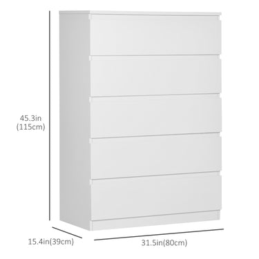 HOMCOM Dresser for Bedroom with 5 Drawers, Modern Chest of Drawers for Living Room, Closet, Hallway, White