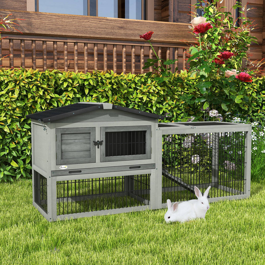 PawHut Wood Rabbit Hutch w/ Ramp, Openable Roof, Pull-out Tray, Light Grey