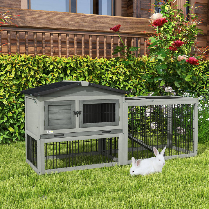 PawHut Wood Rabbit Hutch w/ Ramp, Openable Roof, Pull-out Tray, Light Grey