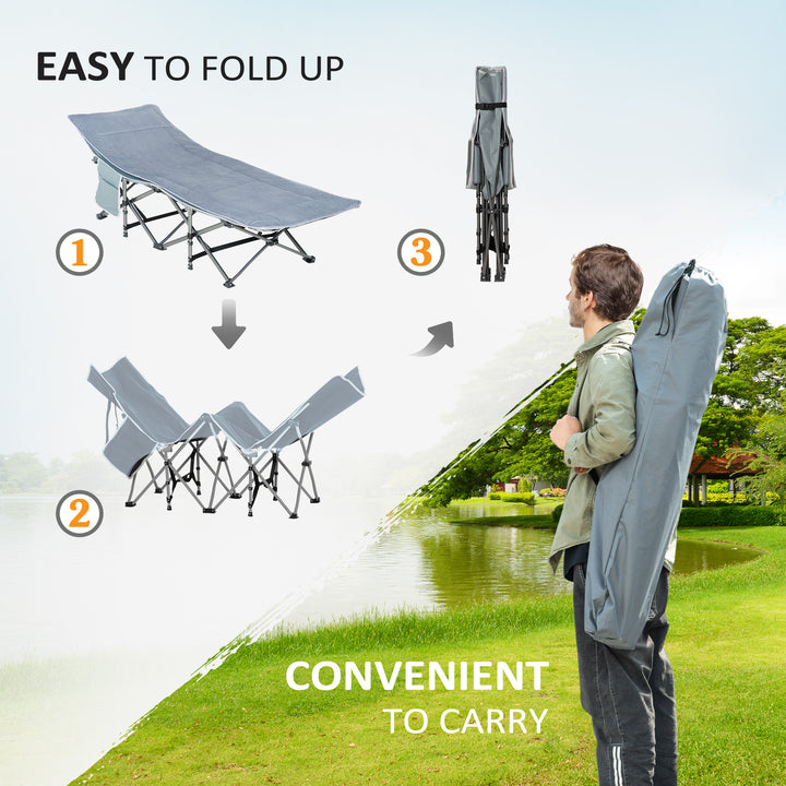 Outsunny Folding Camping Cot with Mattress & Pillow, Double Layer Oxford Heavy Duty Sleeping Cot with Carry Bag Light Grey