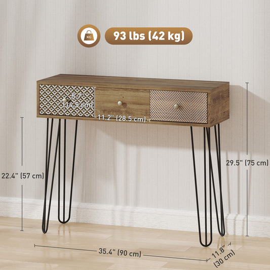 HOMCOM Narrow Console Table with Drawers, 35" Entryway Table with Hairpin Legs for Hallway, Foyer, Living Room, Brown