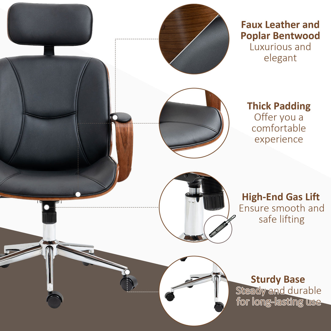 HOMCOM Office Chair, PU Leather Desk Chair with Removable Headrest, Adjustable Height, Tilt Function and with Wheels, Black