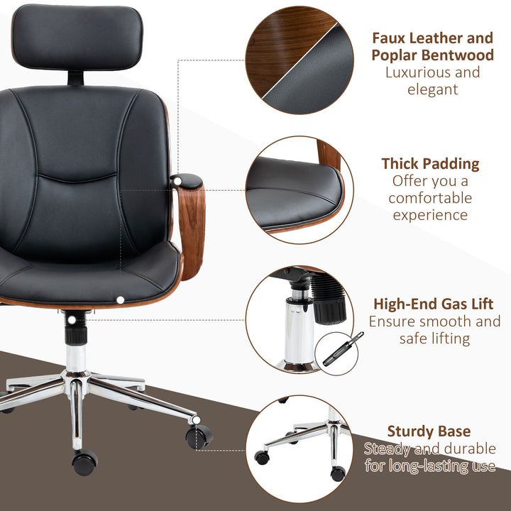 HOMCOM Office Chair, PU Leather Desk Chair with Removable Headrest, Adjustable Height, Tilt Function and with Wheels, Black