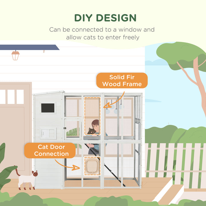 PawHut 68.7" H Cat Cage Large Wooden Outdoor Cat House with Large Run for Play, Catio for Lounging, and Condo Area for Sleeping, White