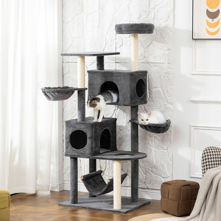 PawHut 66 Inch Large Cat Tree with 2 Door Condos, 3 Big Hammocks, Plush Top Perch, Sisal Scratching Posts, Light Grey