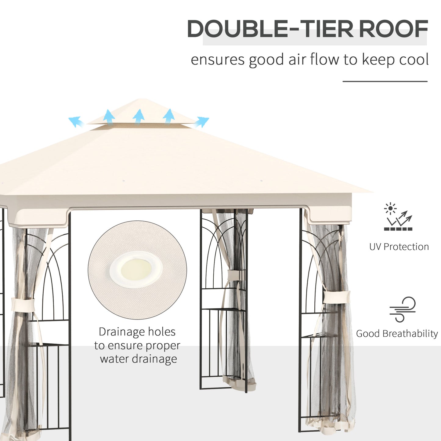 Outsunny 10'x10' Soft-top Patio Gazebo with Double Tier Roof, Mesh Curtains, Display Shelves, Top Hooks, Cream