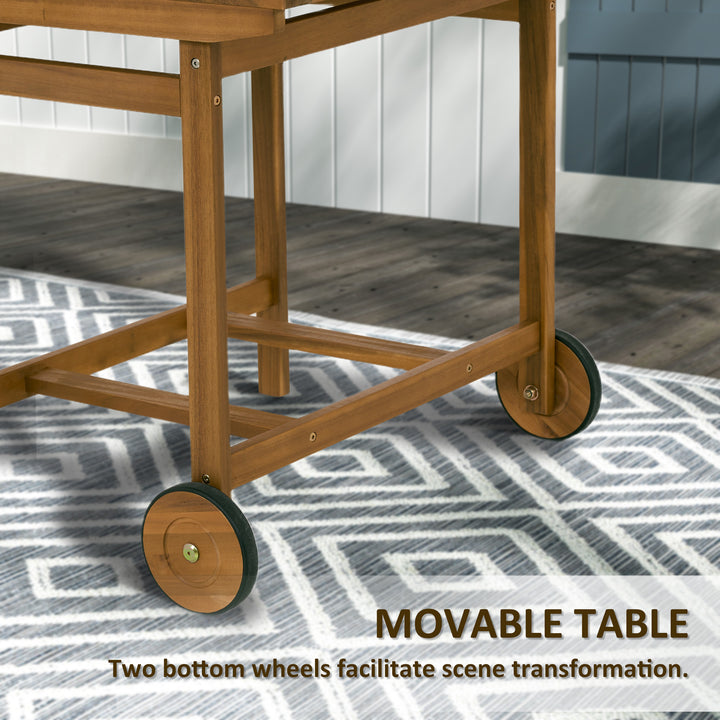 Outsunny 5 Pieces Wood Patio Dining Set, Wheeled Patio Table and Folding Chairs with Cushions for Garden Backyard Poolside, Teak