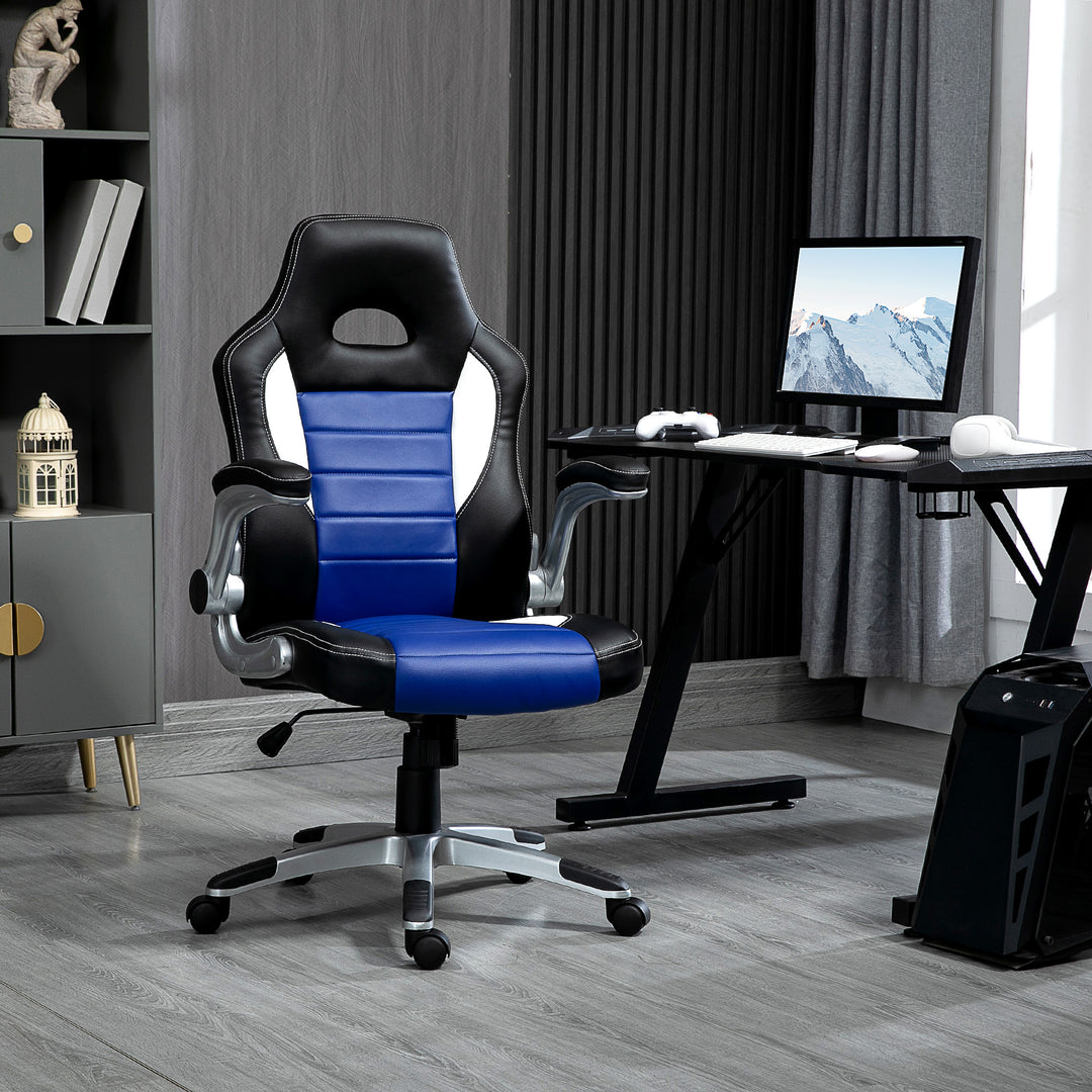 HOMCOM Racing Gaming Chair PU Leather Office Chair Executive Computer Desk Chair with Adjustable Height, Flip Up Armrest, Swivel Wheels, Blue