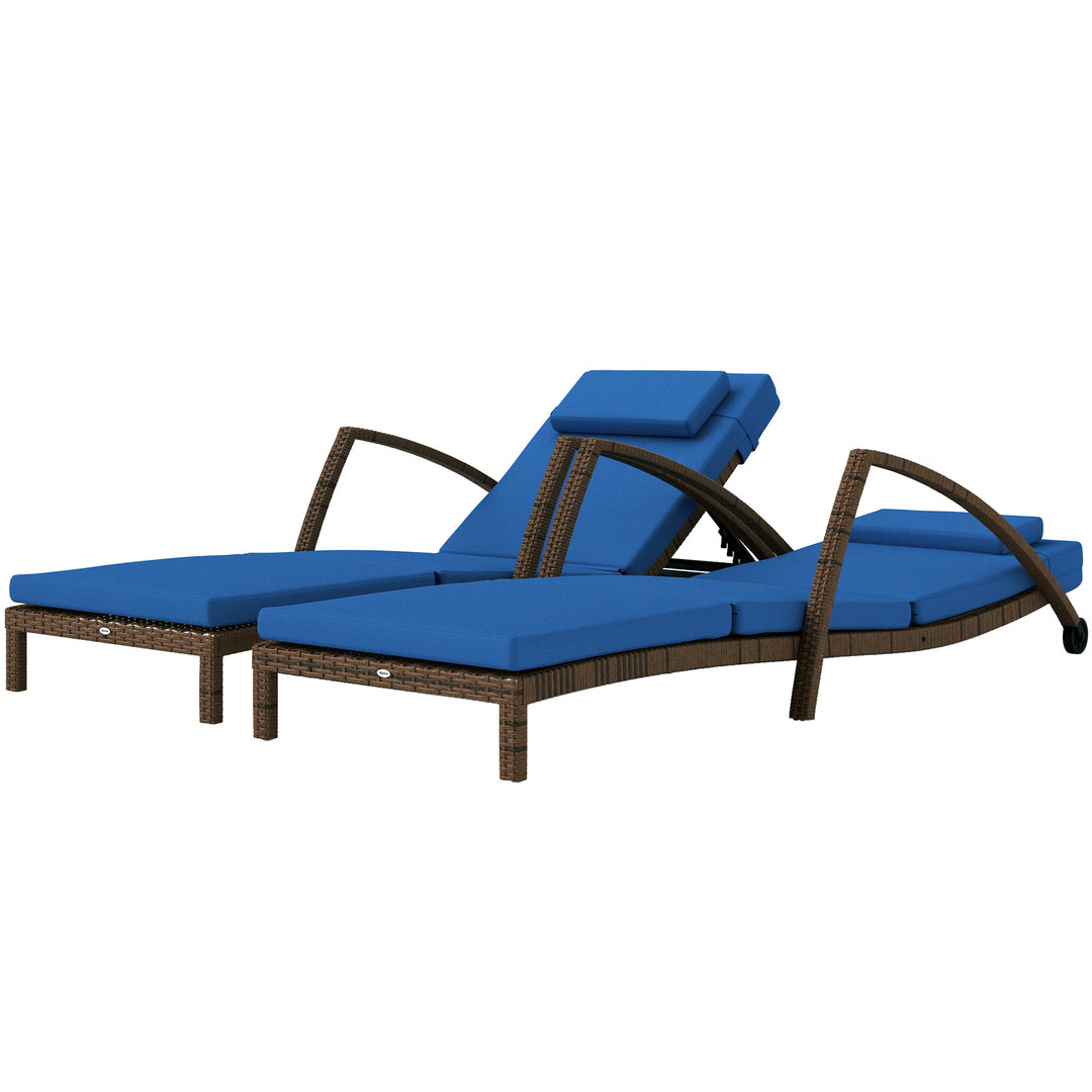 Outsunny Set of 2 Wicker Chaise Lounge Chair Outdoor Patio Lounger with 5 Adjustable Back, Wheels, Cushion and Armrests, Blue