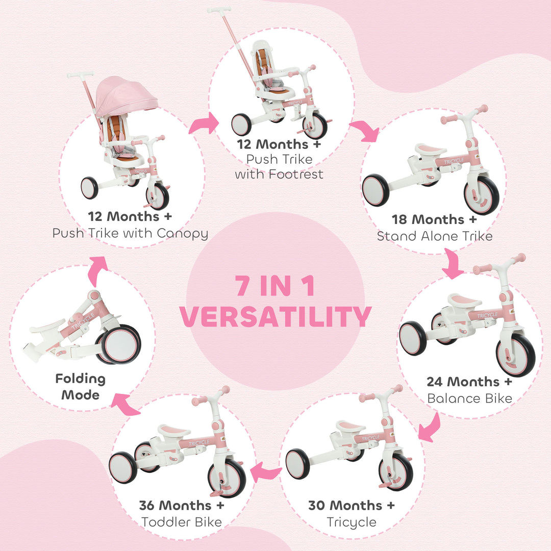 Qaba 7 in 1 Toddler Tricycle with Safety Harness, Adjustable & Removable Parent Handle, Canopy, Storage Bag, Brake, Pink