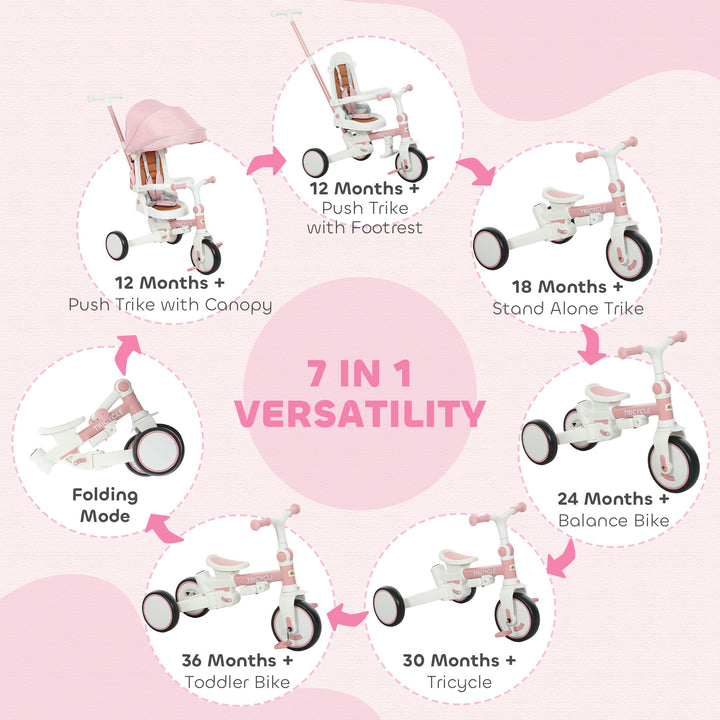 Qaba 7 in 1 Toddler Tricycle with Safety Harness, Adjustable & Removable Parent Handle, Canopy, Storage Bag, Brake, Pink