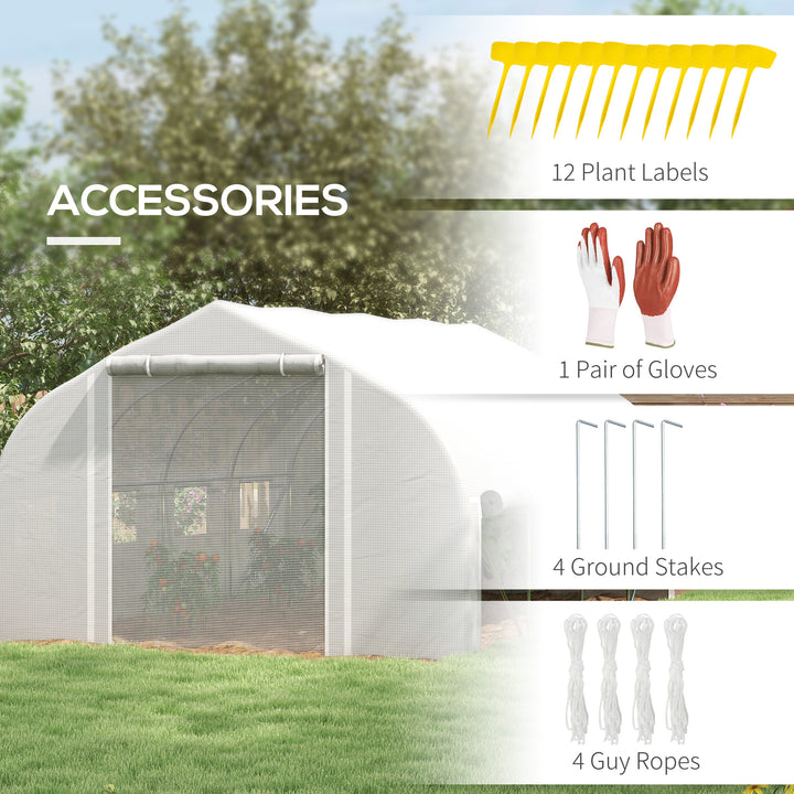 Outsunny 13 x 9.8ft Walk-in Polytunnel Greenhouse, Zipped Roll Up Sidewalls, Mesh Door, 8 Mesh Windows, Tunnel Warm House Tent with PE Cover, Plant Labels and Gloves, White