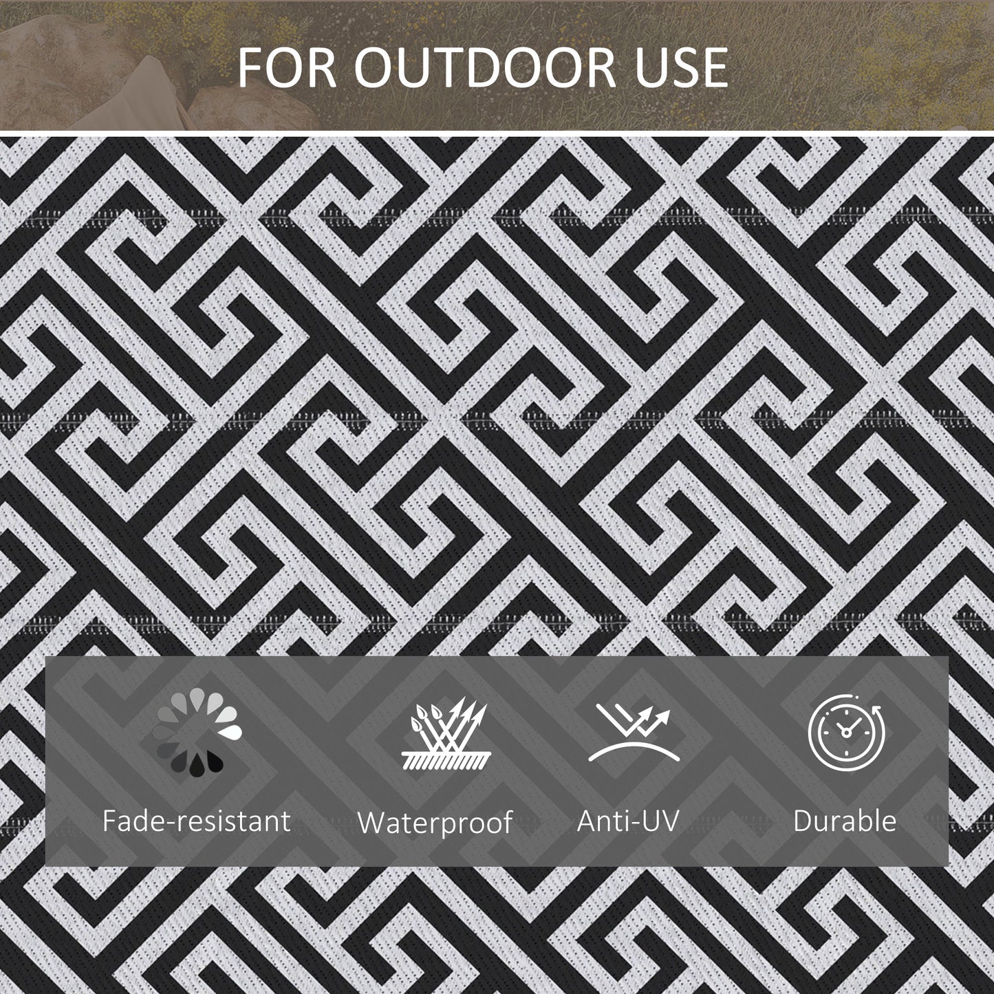 Outsunny Reversible Outdoor RV Rug, Patio Floor Mat, 6' x 9' Plastic Straw Rug for Backyard, Deck, Beach, Camping, Black & White