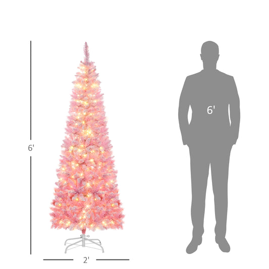 HOMCOM 6 Foot Prelit Snow Flocked Artificial Christmas Tree with Pencil Shape, 500 Pine Realistic Branches, Warm White LED lights, Auto Open, Pink and White