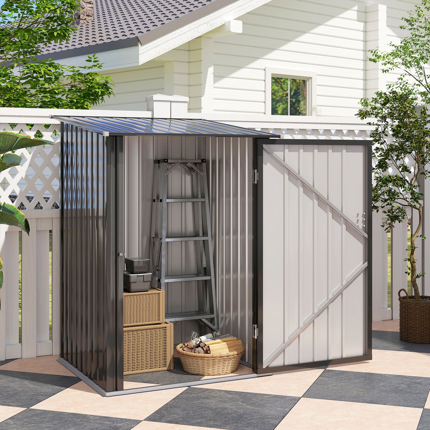 Outsunny 3.3' x 3.4' Lean-to Garden Storage Shed, Outdoor Galvanized Steel Tool House with Lockable Door for Patio Dark Gray
