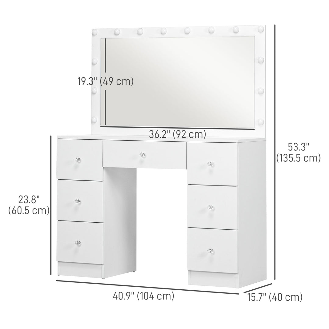 HOMCOM Makeup Vanity Table, Dressing Table with Mirror and Lights, Modern Makeup Table with 7 Drawers and 10 LED Lights, White