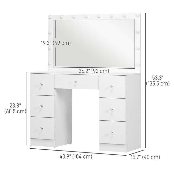 HOMCOM Makeup Vanity Table, Dressing Table with Mirror and Lights, Modern Makeup Table with 7 Drawers and 10 LED Lights, White