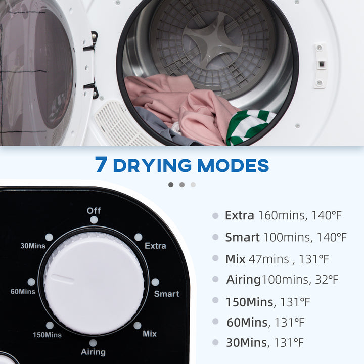 HOMCOM Compact Laundry Dryer Machine, 1300W, 3.22 Cu. Ft. Electric Portable Clothes Dryer with 7 Drying Modes for Apartment or Dorm, White