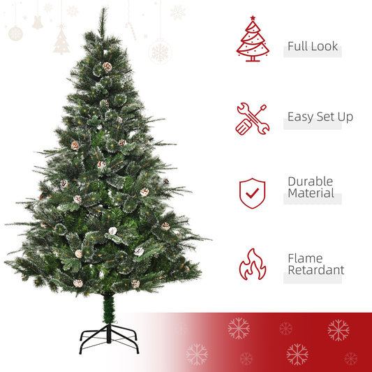 HOMCOM HOMCM 6FT Artificial Christmas Snow Pine Tree Holiday Home Xmas Decoration with Automatic Open, Pinecone, Green