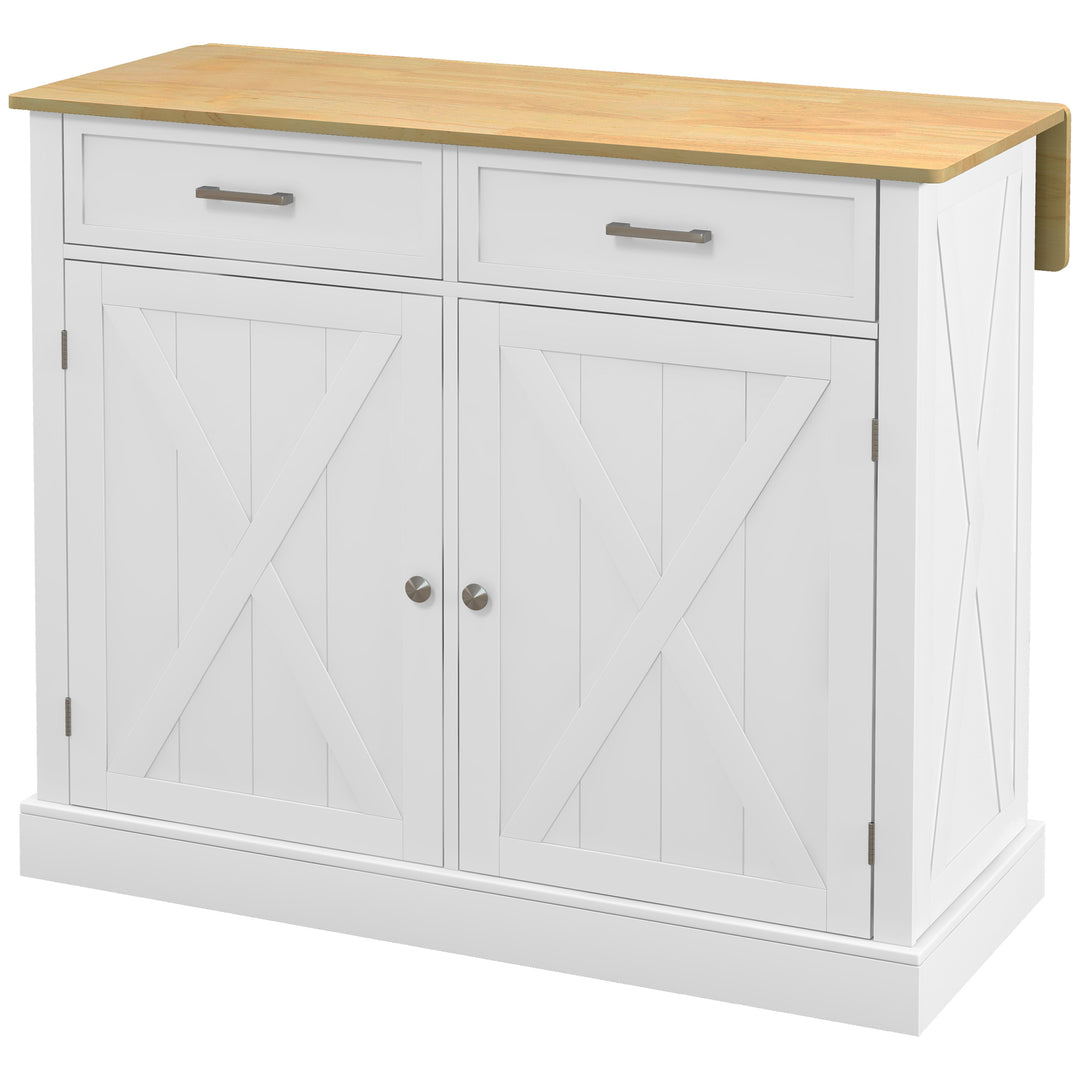 HOMCOM Rolling Kitchen Island with Drop Leaf Wood Breakfast Bar, Farmhouse Kitchen Cart with 2 Drawers, Adjustable Shelves for Dining Room (White)