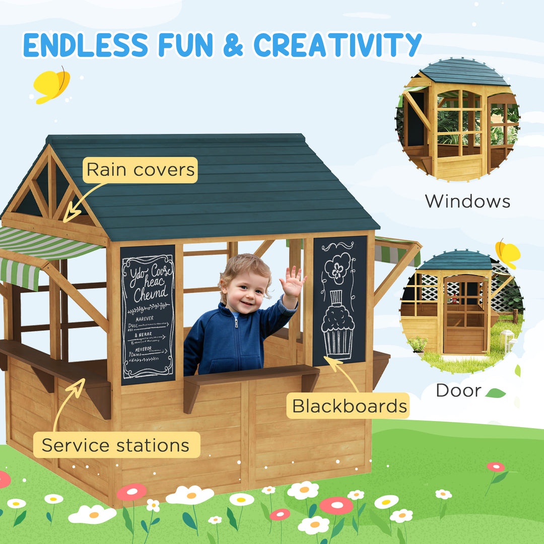 Qaba Wooden Foldable Outdoor Playhouse for Kids Ages 3-8, Snack Bars, Working Door, Rain Covers, Blackboards, Brown