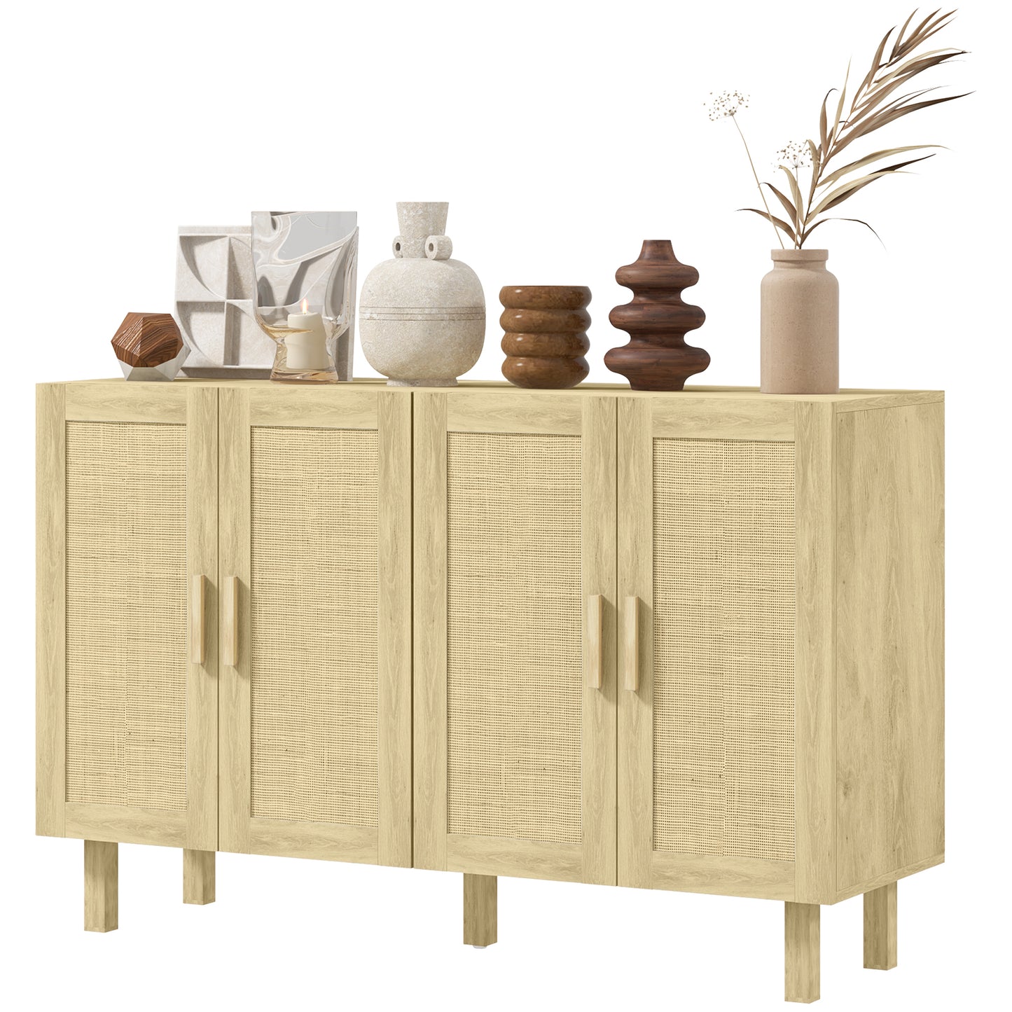 HOMCOM Boho Sideboard Buffet Cabinet, Storage Cabinet with 4 Rattan Doors and Adjustable Shelves, Black