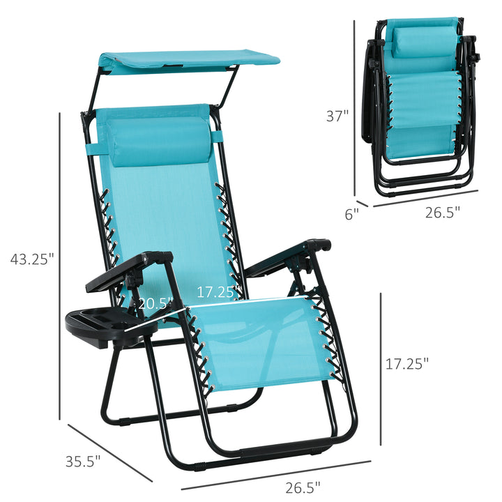 Outsunny 2 Piece Foldable Lounge Chair with Canopy Shade, Outdoor Zero Gravity Chair w/ Side Tray & Cup Holder, Reclining Lounger w/ Breathable Mesh Fabric Seat, Pillow, Sky Blue