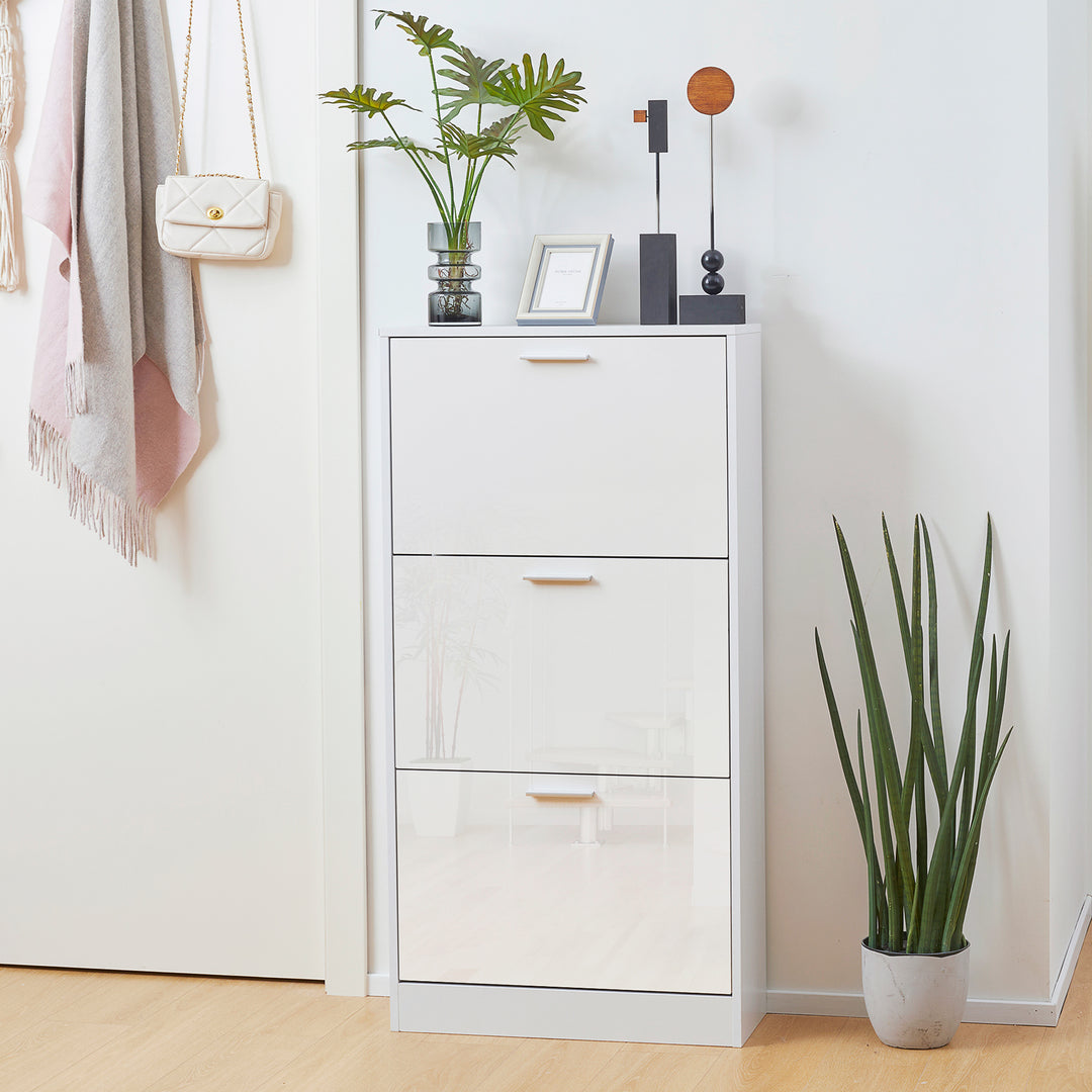 HOMCOM Slim Shoe Storage with 3 Flip Drawers and Adjustable Shelves Shoe Cabinet Organizer for 15 Pair, High Gloss White