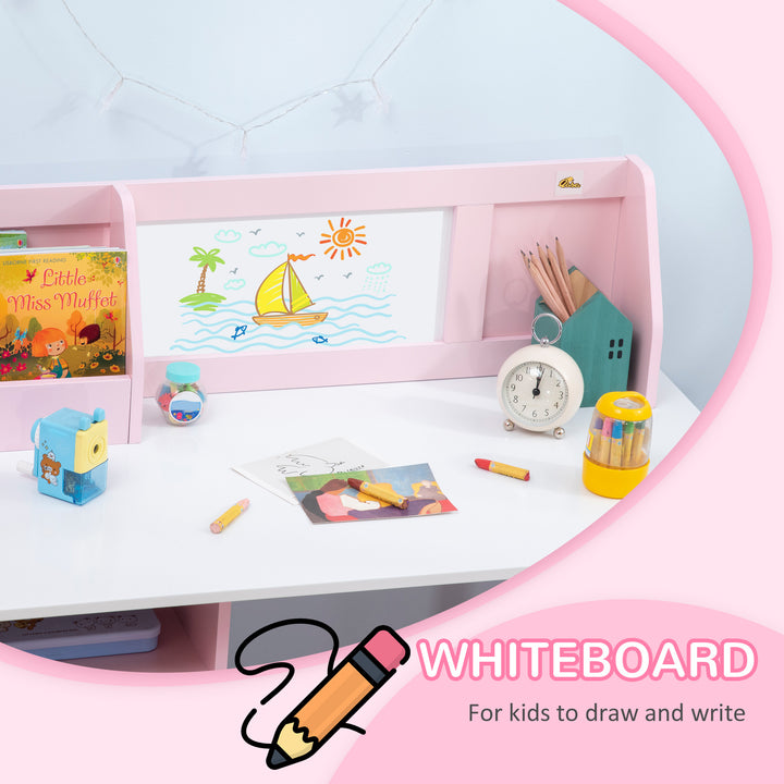 Qaba 2Pcs Kids Desk and Chair Set with Whiteboard, Storage, Shelves, Pink