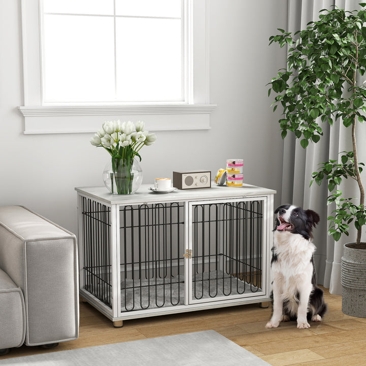PawHut Dog Crate Furniture with Washable Cushion, Adjustable Feet for Medium Dogs, Indoor Use, Grey